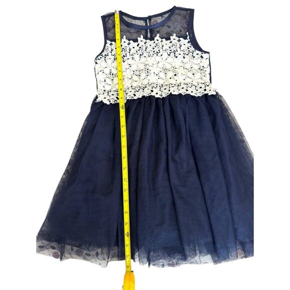 Navy Blue Girls Party Dress with White Floral Lace Bodice - No Size Tag - Picture 3 of 5